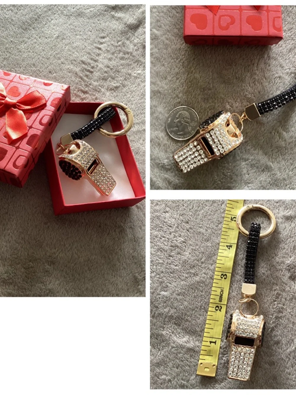 🪷 NIB Crystal Embellished Gold Working Whistle Keychain with Black Crystal Strap